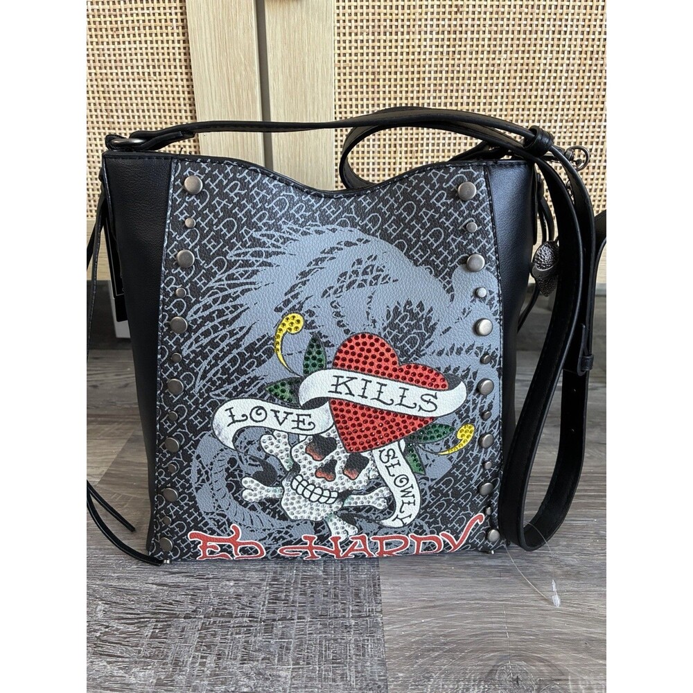 Ed Hardy Black Monogram Crossbody Bag Studded Rhinestone Skull Heart Charm